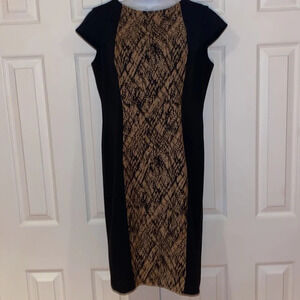 Jones New York Black tan Middle print stretch Jersey knit Midi dress  Sz 10